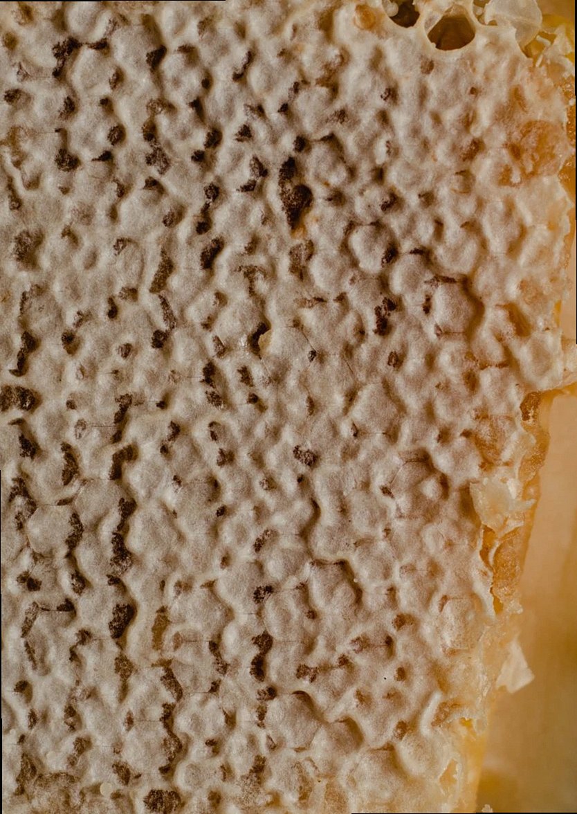 Primer plano detallado de un panal de cera de abeja que muestra su textura y estructura natural.